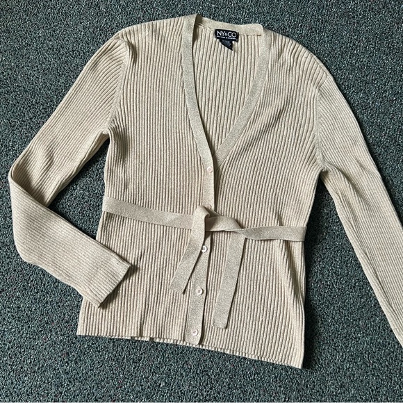 New York & Company Sweaters - Gold Glitter Shimmer Formal Modest Long-Sleeve Ribbed Belted Cardigan Sweater L